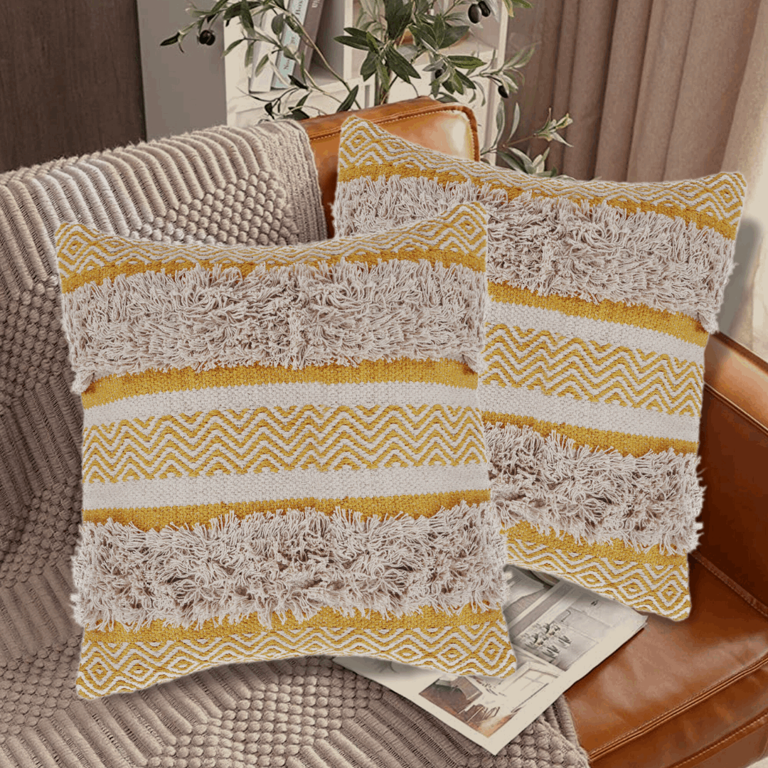Maya Tufted 100% Cotton Woven Throw Pillow Covers Yellow Pair - Kapissh
