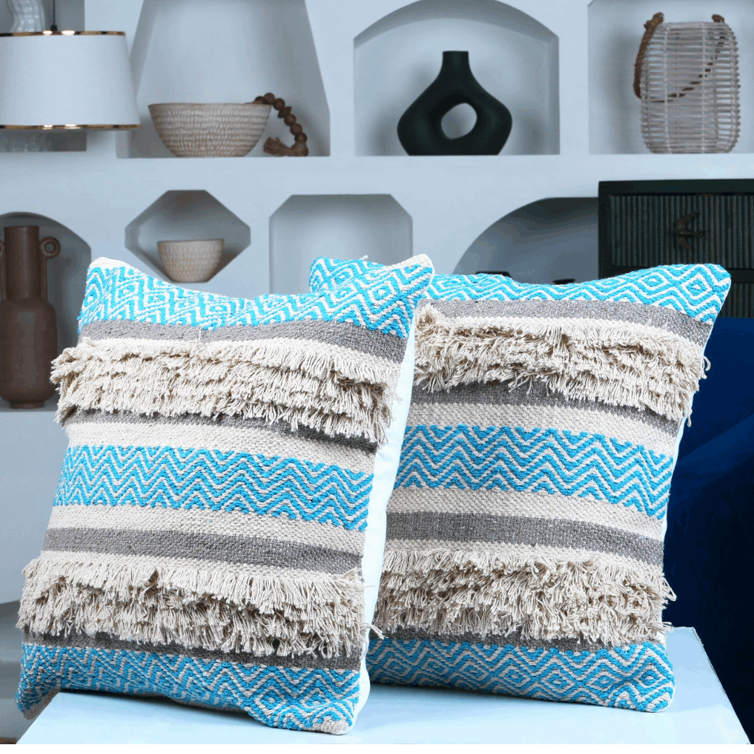 Maya Tufted 100% Cotton Woven Throw Pillow Covers Blue Pair - Kapissh