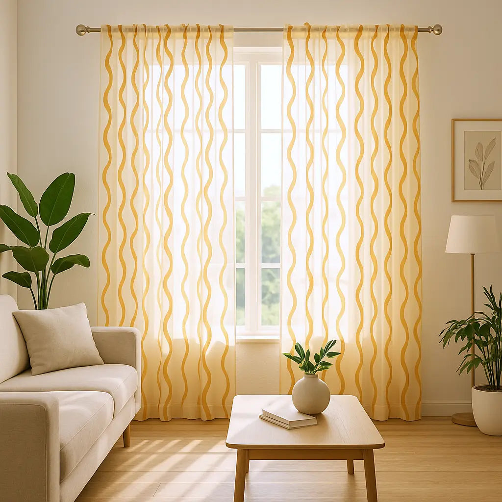 Sunny living room with yellow wave sheer curtains.
