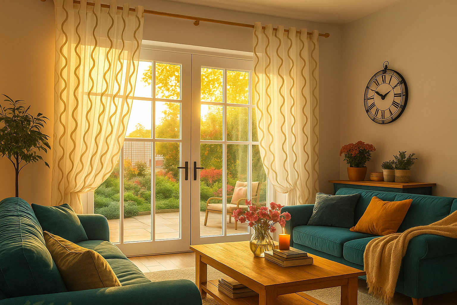 Bright living room with sheer yellow wave curtains.