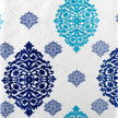 Blue and teal damask pattern fabric with geometric textured white background