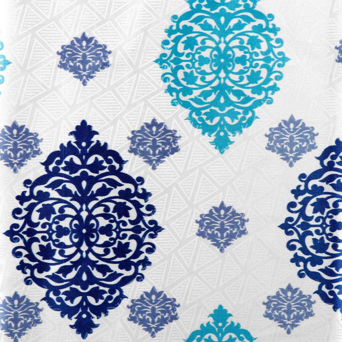 Blue and teal damask pattern fabric with geometric textured white background