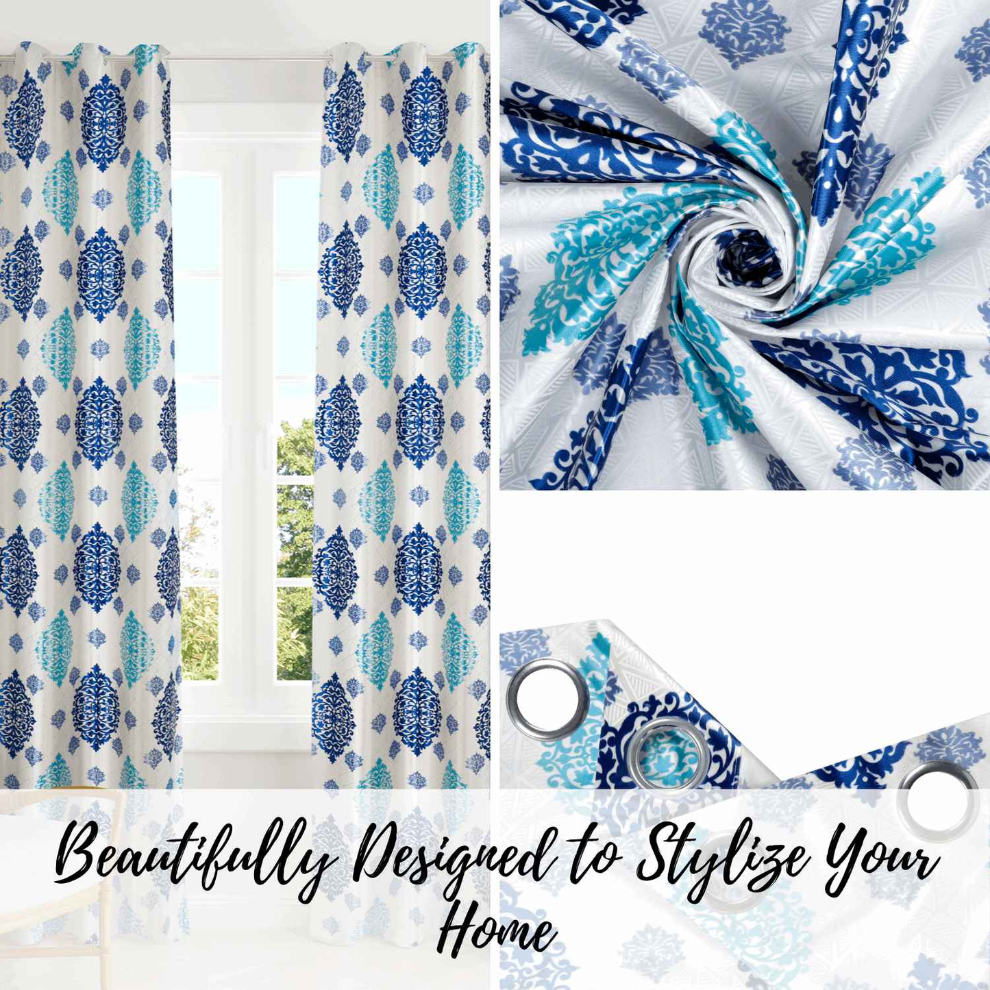 Blue and teal damask curtains with grommet top, fabric close-up, and decorative stitching details