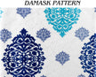 Close-up of teal and navy blue damask pattern.
