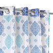 Close-up of blue and teal printed curtain grommets.
