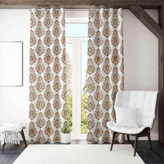 Brown damask curtains in bright modern room
