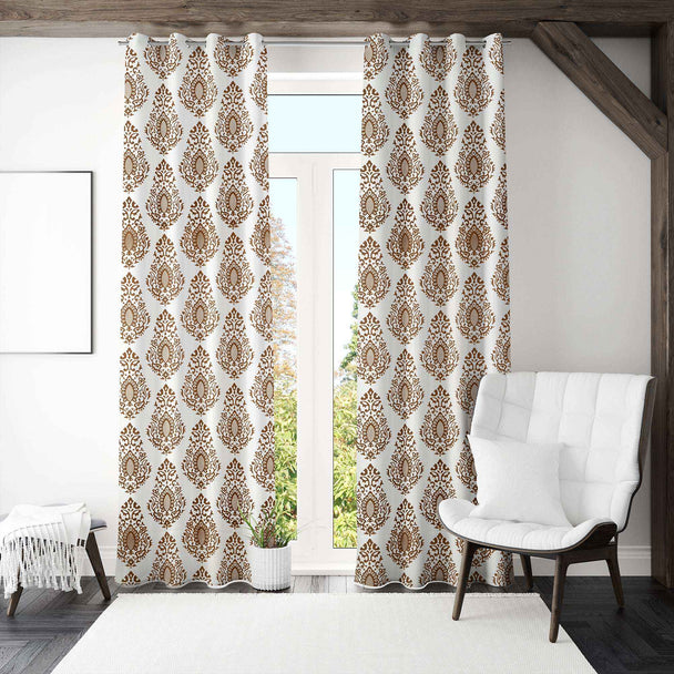 Brown damask curtains in bright modern room
