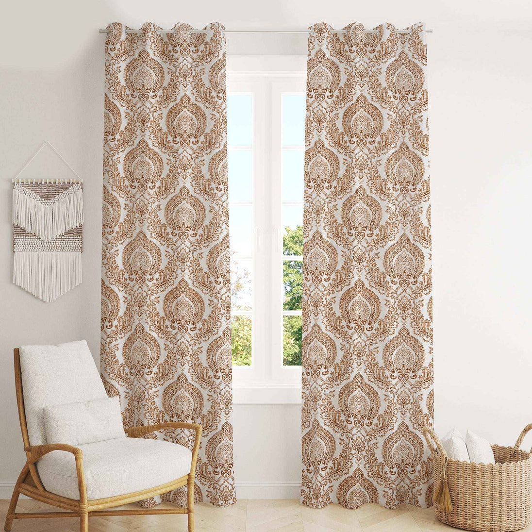 Brown damask curtains in bright cozy living space.
