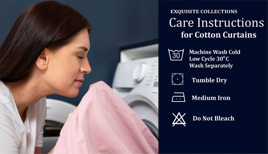 Woman enjoying fresh laundry with care instructions
