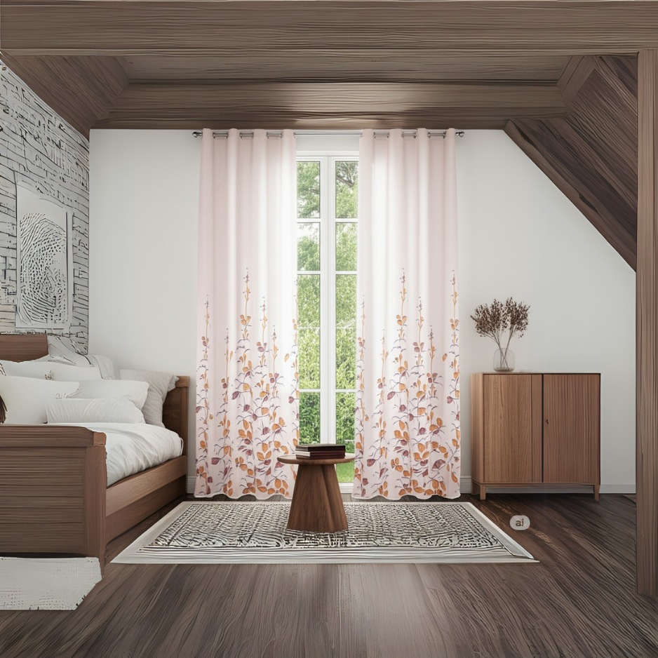 A warm attic-style room featuring blush pink floral curtains, a wooden daybed with white cushions, a geometric rug, and a small wooden cabinet with a minimalist vase arrangement.








