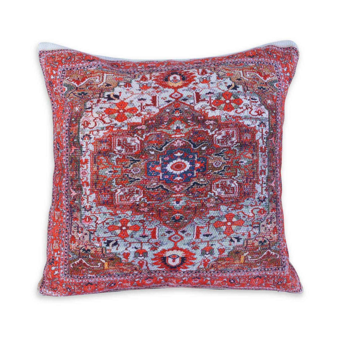 Front-facing view of a square decorative throw pillow with an intricate red, blue, and white Persian-style medallion pattern, displayed on a white background.