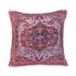 Front-facing view of a square decorative throw pillow with an intricate red, blue, and white Persian-style medallion pattern, displayed on a white background.