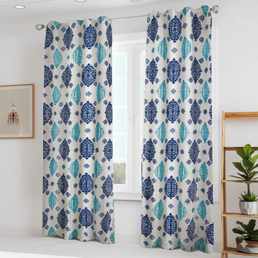 Raeya Damask Blue Curtain Pair - Kapissh