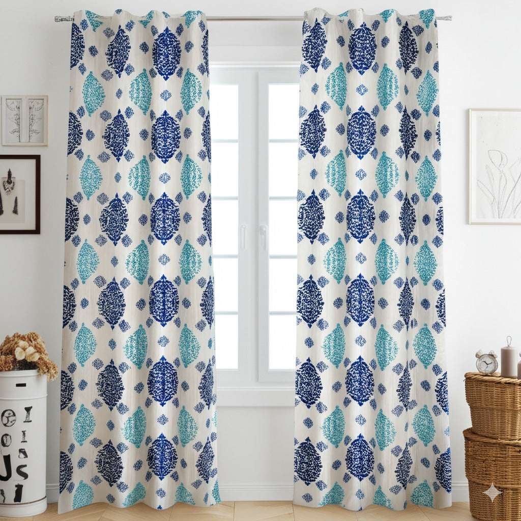 Raeya Damask Blue Curtain Pair - Kapissh