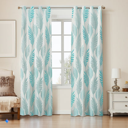 Maharani Jacquard Leaf Silver Blue Curtains 80% Blackout Window Drapes Pair - Kapissh