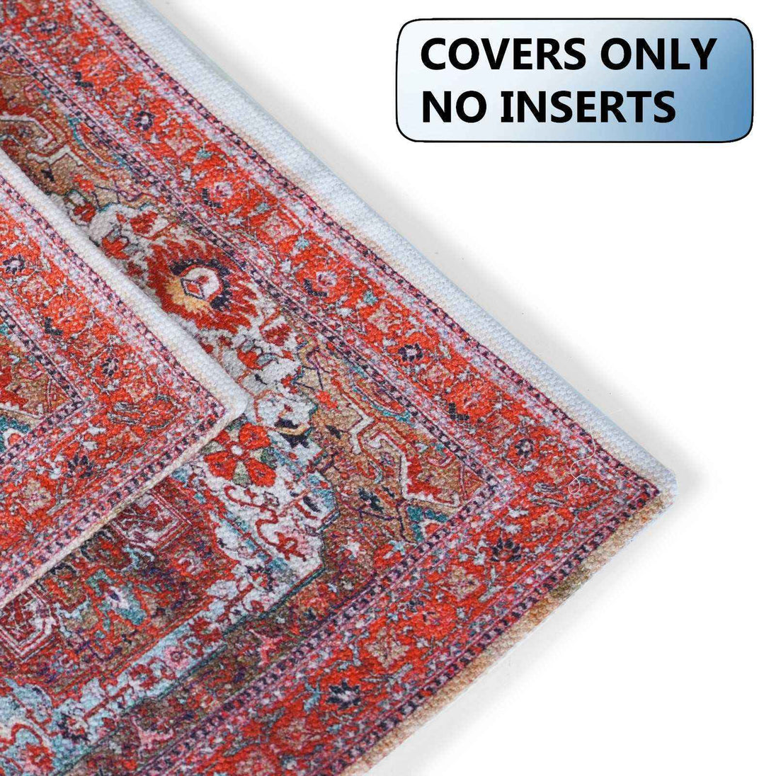 Close-up of red and blue Persian-style pillow covers layered together with a label indicating 'Covers Only, No Inserts' in the top right corner.
