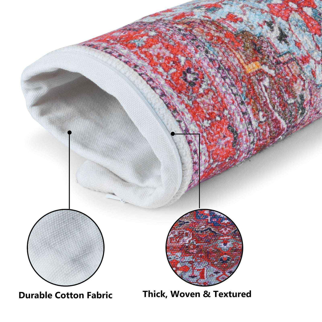 Close-up of a decorative pillow cover showing its interior durable cotton fabric and exterior thick, woven, textured red and blue medallion design with labeled detail callouts.
