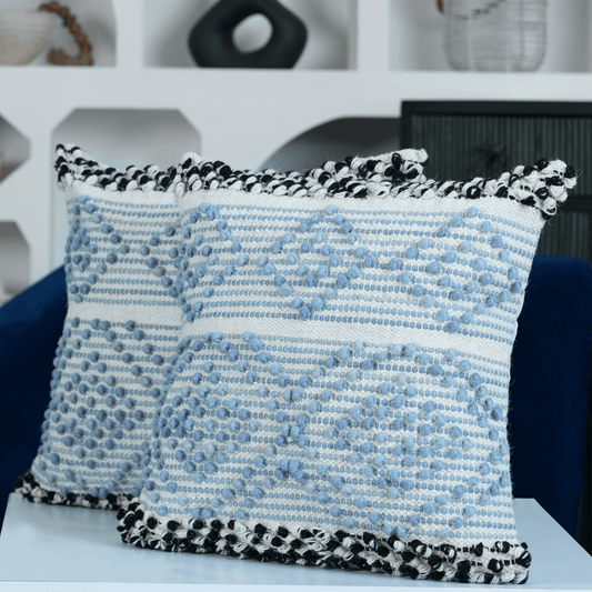 Liam Light Blueish Grey Tufted Cotton and Wool blend Hand Woven Throw Pillow Covers Pair - Kapissh