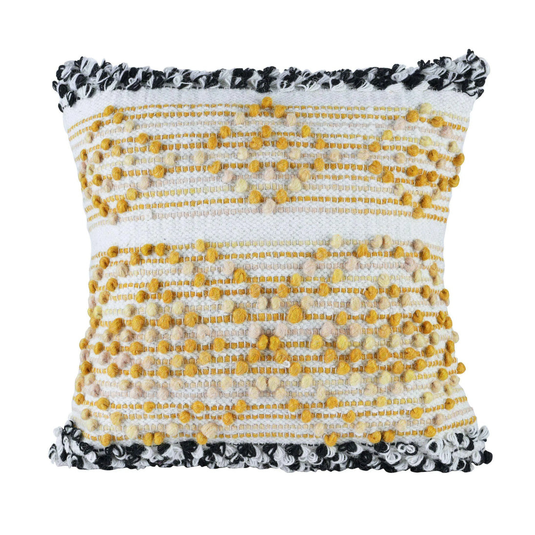 Textured yellow mustard throw pillow with boho design.

