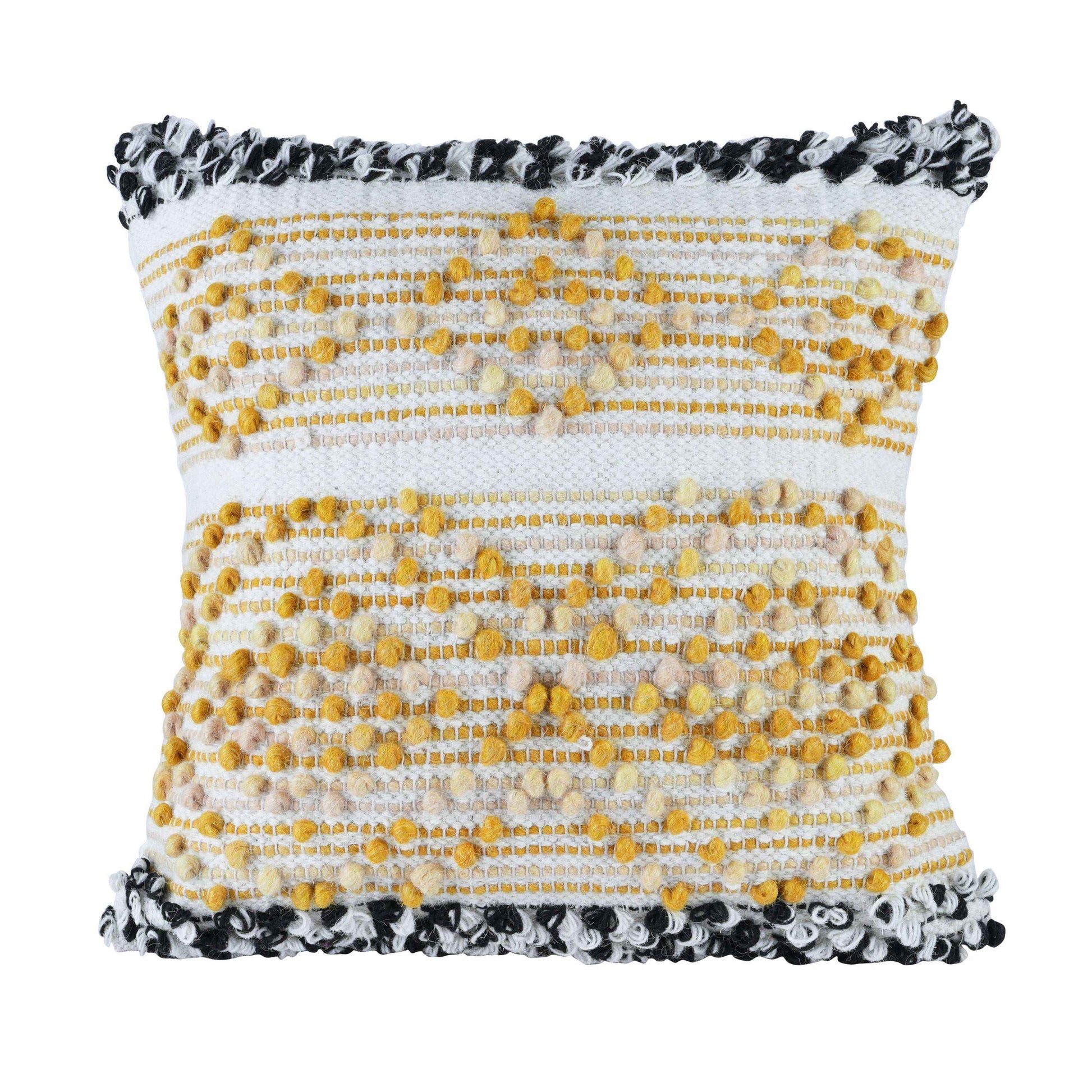 Front-facing view of a decorative square cushion cover featuring intricate mustard yellow tufted patterns on a white textured base, finished with a black and white looped border trim.








