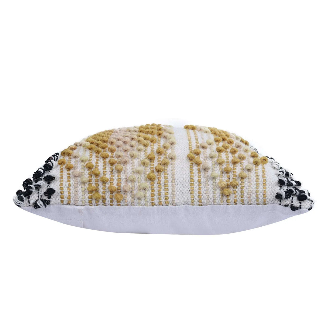 Side view of textured mustard boho throw pillow.