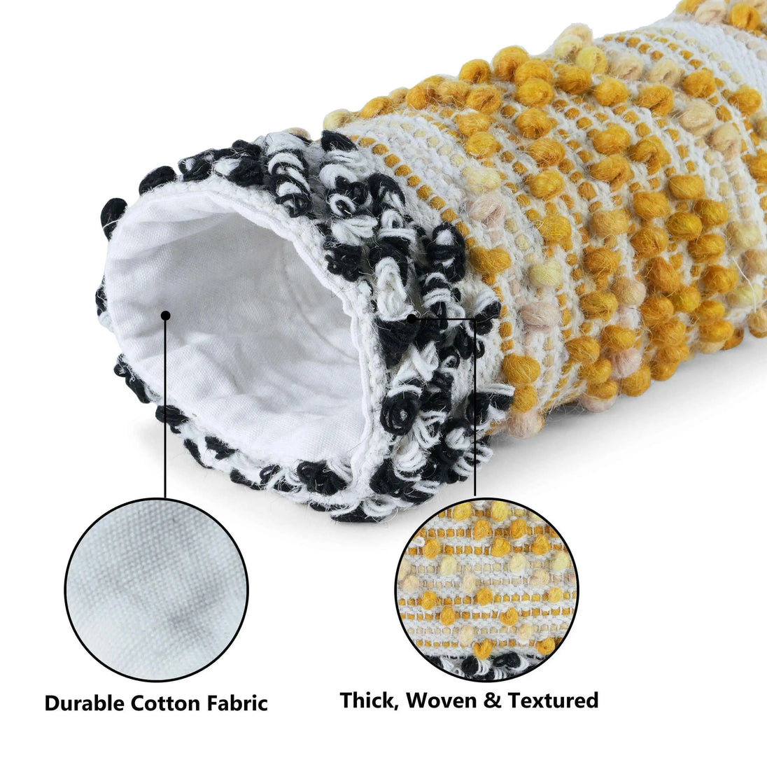 , textured surface with yellow tufted patterns and black-and-white tassel 