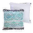 Set of two boho decorative pillow covers with aqua blue and white textured design, black and white fringe edges, and plain white back with hidden zipper closure.








