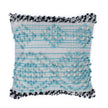 Square boho pillow cover with aqua blue and white textured woven design, featuring black and white fringe edges, ideal for modern or eclectic home decor.







