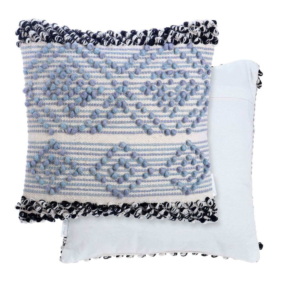 Front and back view of blue boho pillow covers.
