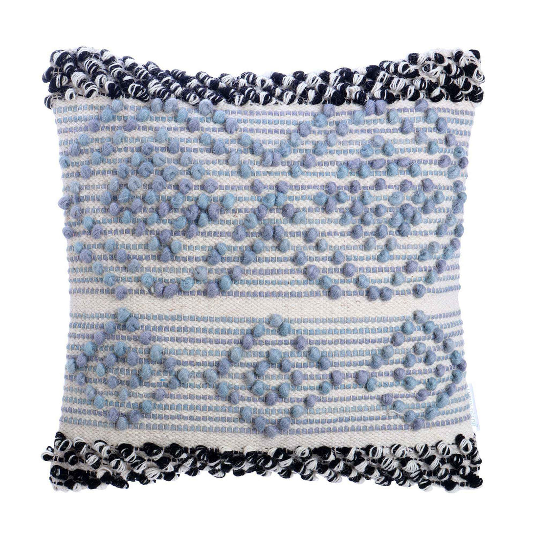 Blue tufted boho pillow with decorative fringe trim.
