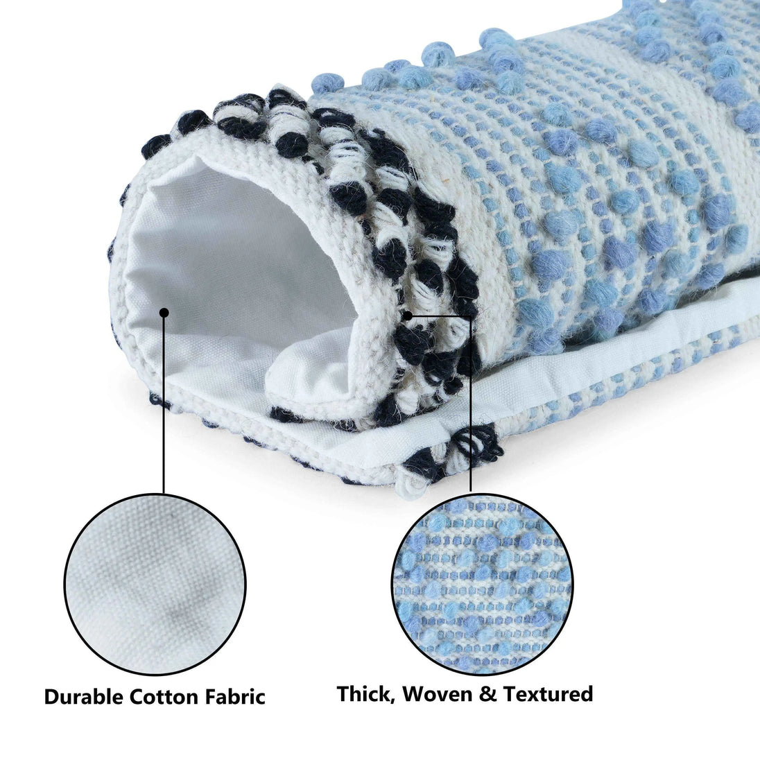 Close-up of blue textured pillow with cotton lining.

