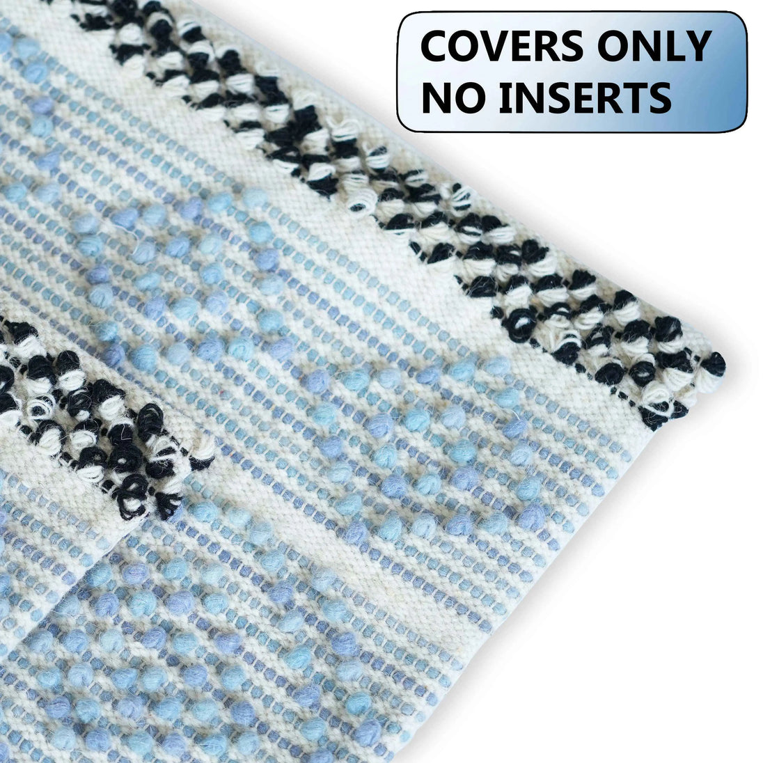 Close-up of woven blue pillow cover, no insert.
