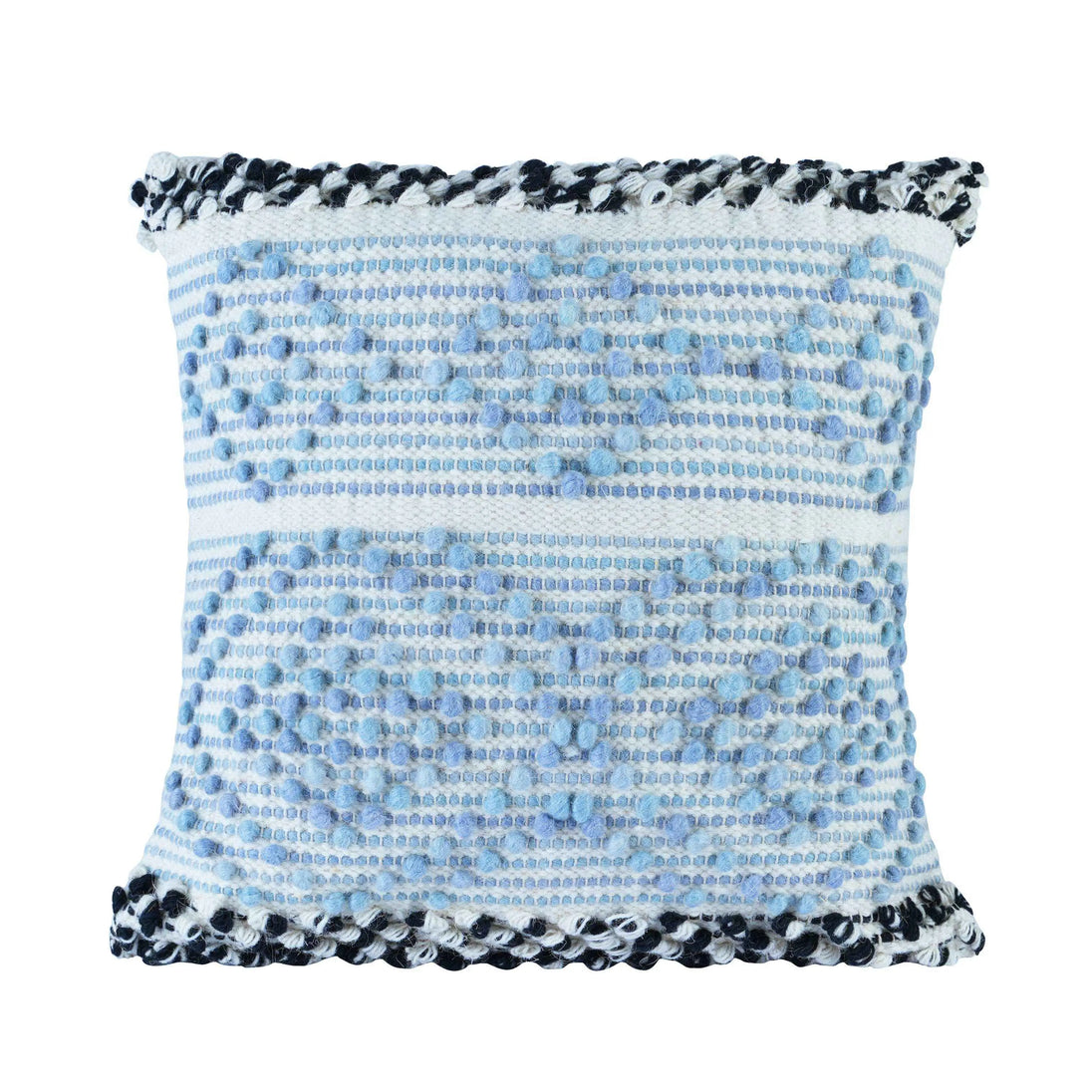 Flat-lay of blue textured pillow with black trim.
