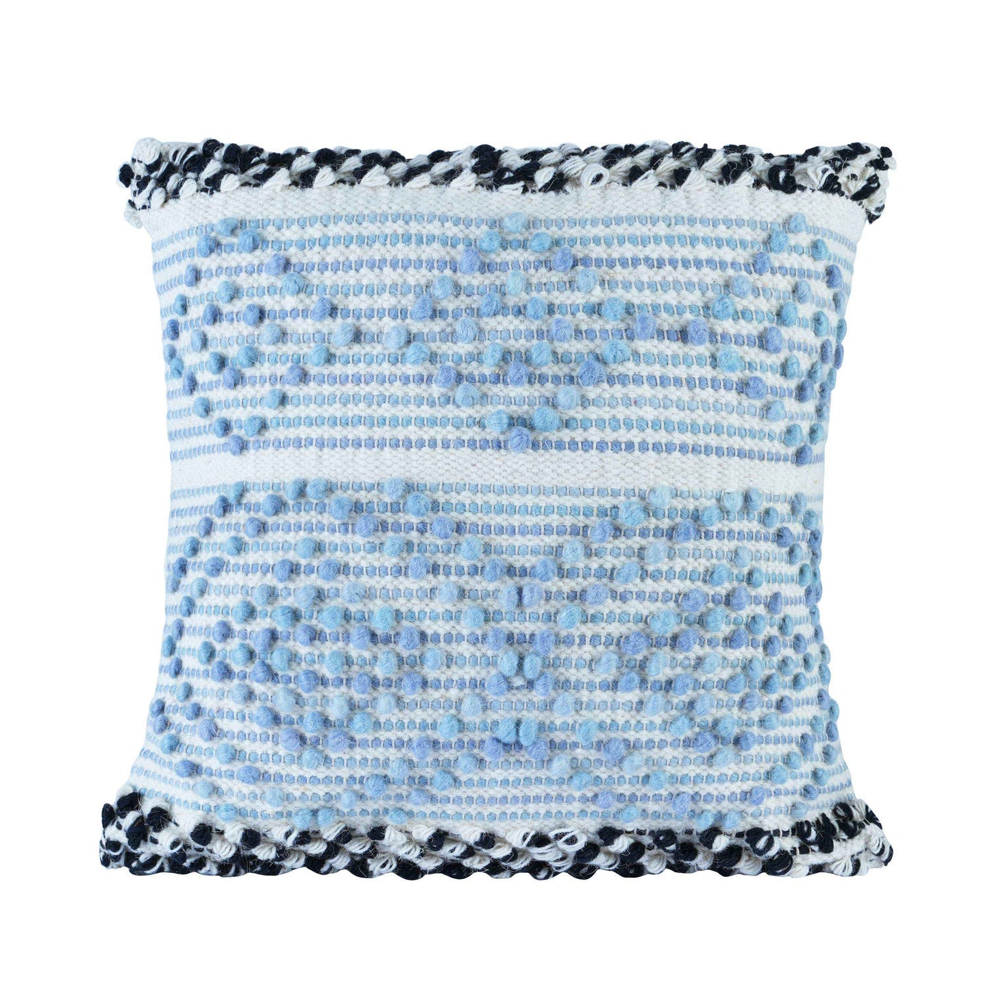 Front view of a handcrafted square cushion cover with blue tufted diamond patterns on a white woven background, finished with black and white braided edges.







