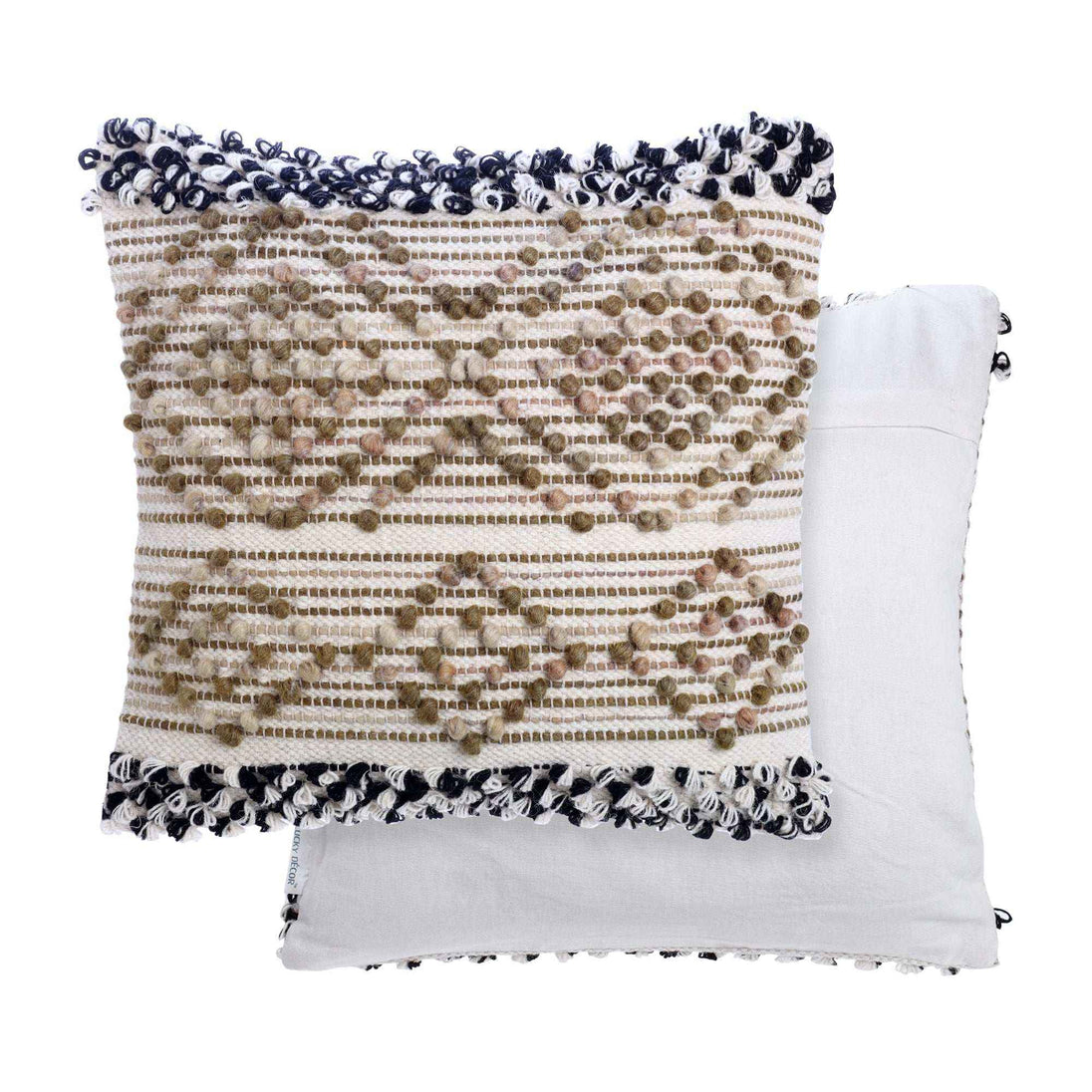 Front and back view of boho cushion cover with beige texture and fringe