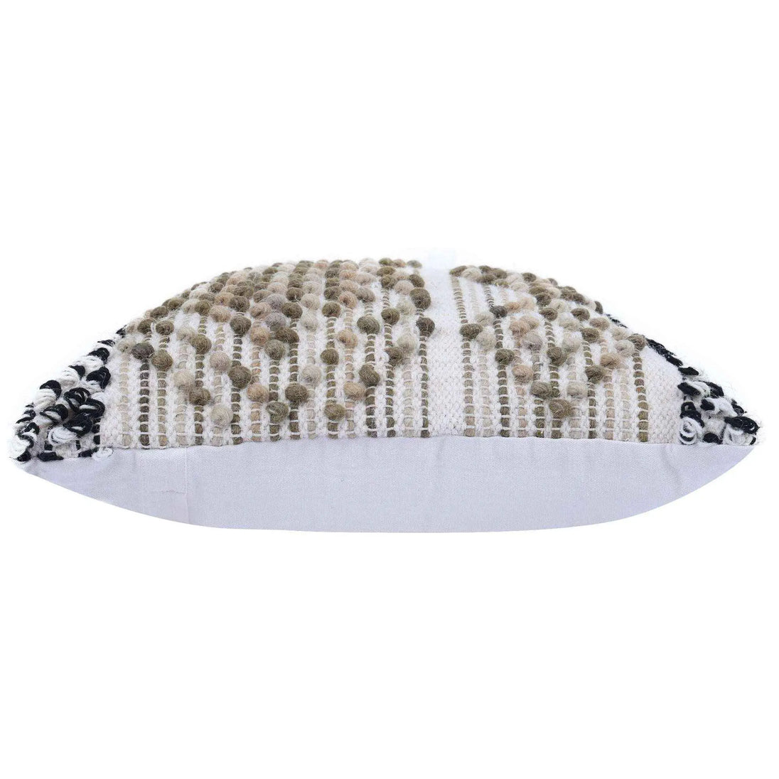 Side view of boho throw pillow with beige textured design and black fringe