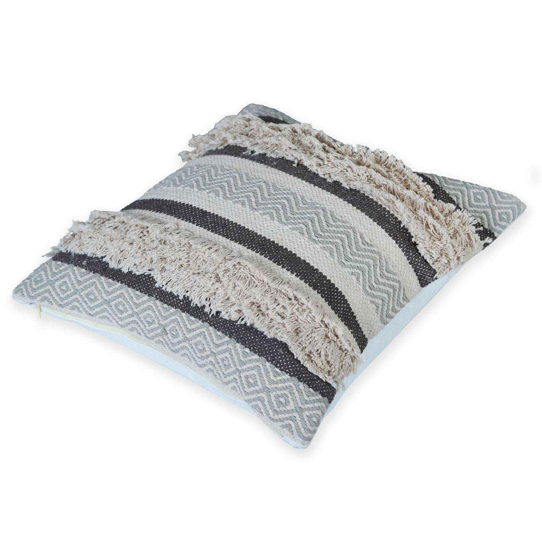 Angled view of a square decorative pillow with a grey and cream woven tufted pattern, featuring diamond and chevron designs, laid flat on a white background.







