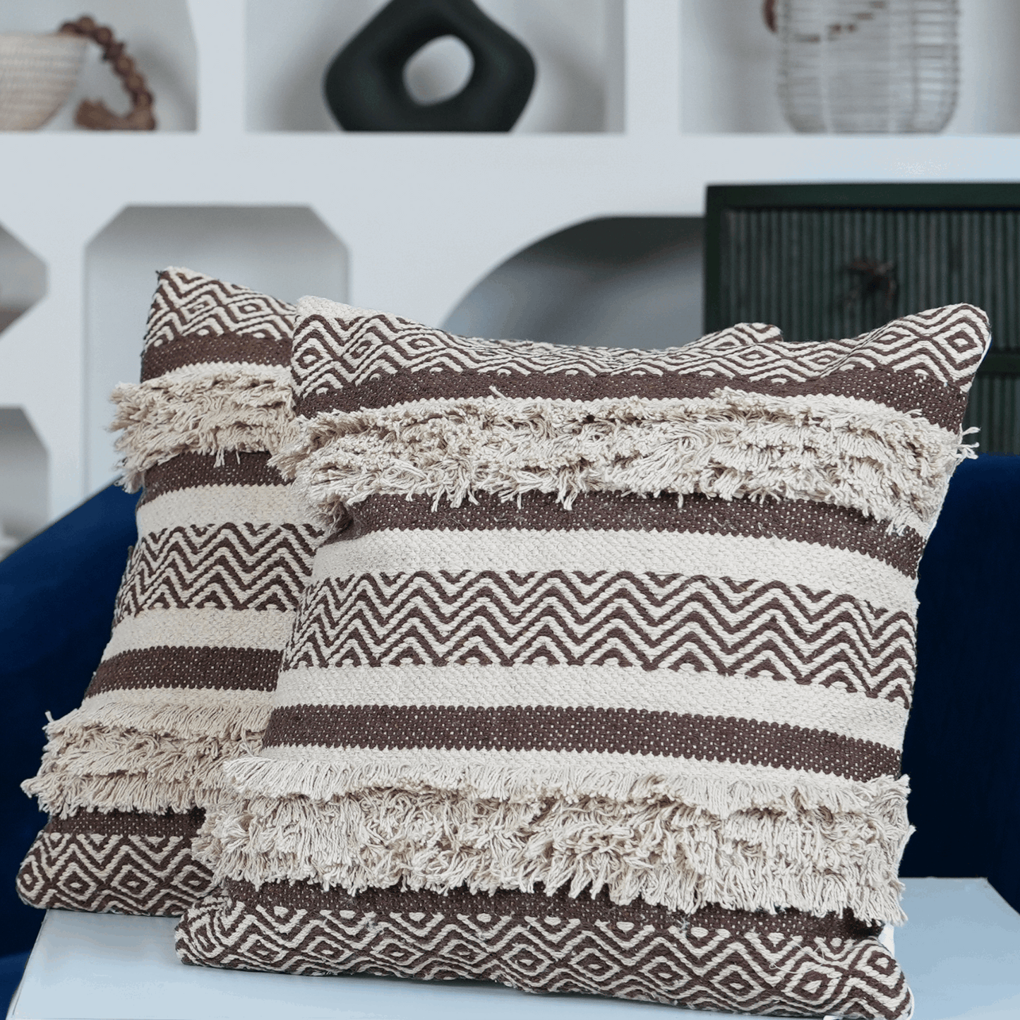 Maya Tufted 100% Cotton Woven Throw Pillow Covers Brown Pair - Kapissh