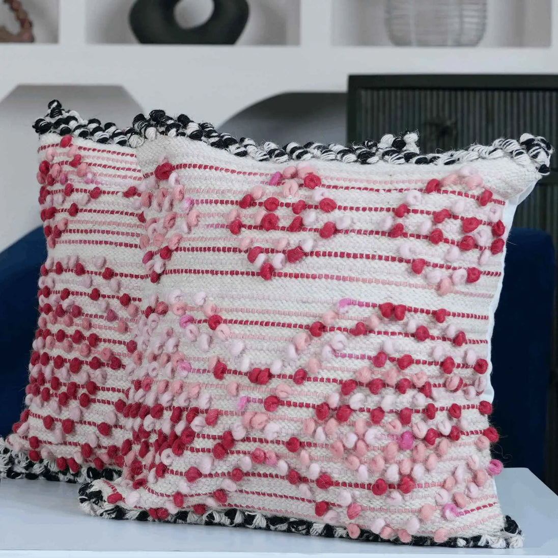 "Boho cushion covers with pom poms"