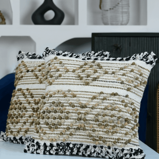 Liam Olive Green Brownish Tufted Cotton and Wool Hand Blend Woven Throw Pillow Covers Pair - Kapissh