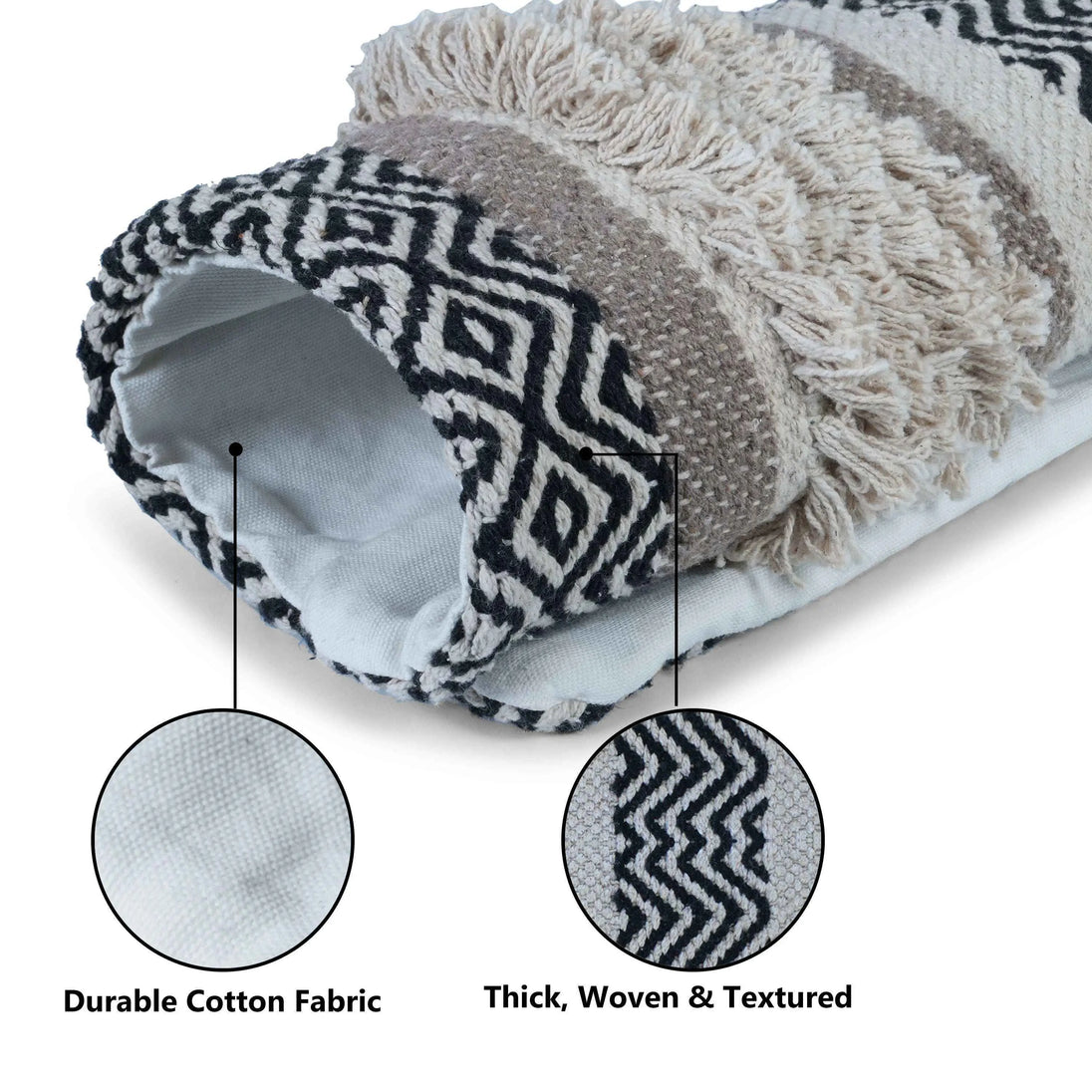 Rolled boho pillow showcasing cotton and textured fabric.