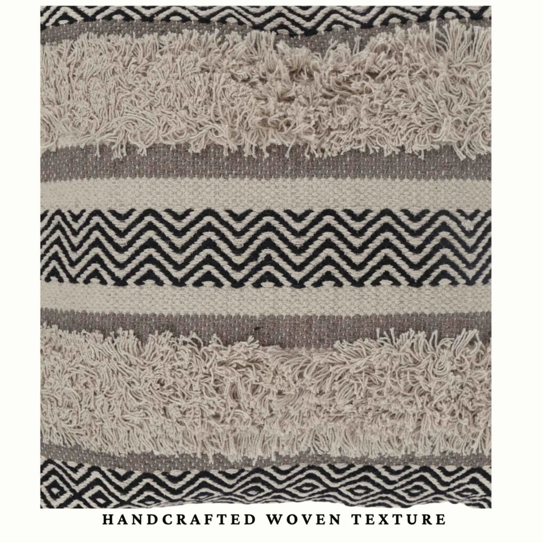 Close-up of handcrafted boho woven pillow texture.
