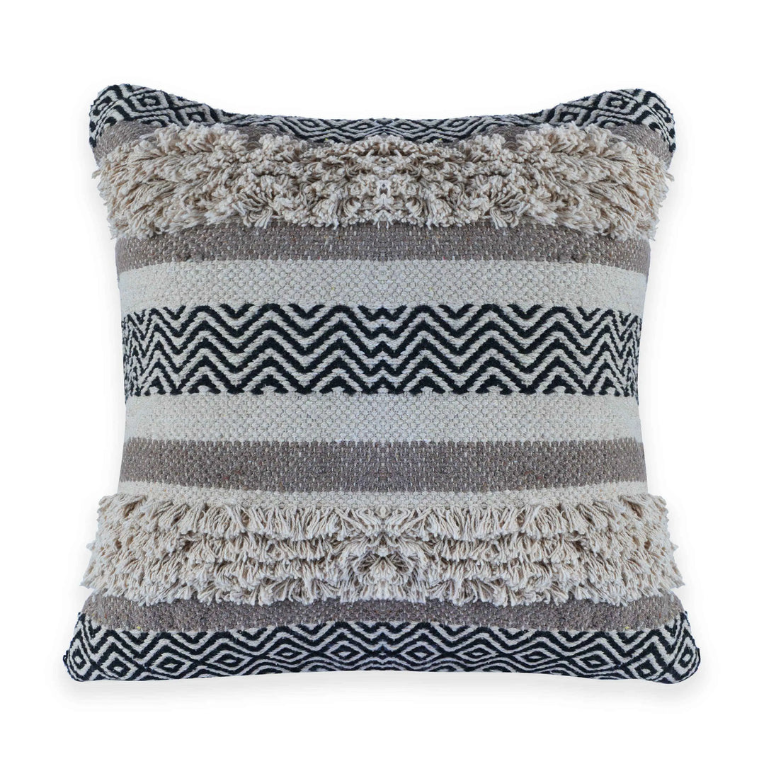 Square boho pillow with fringe and tribal pattern.
