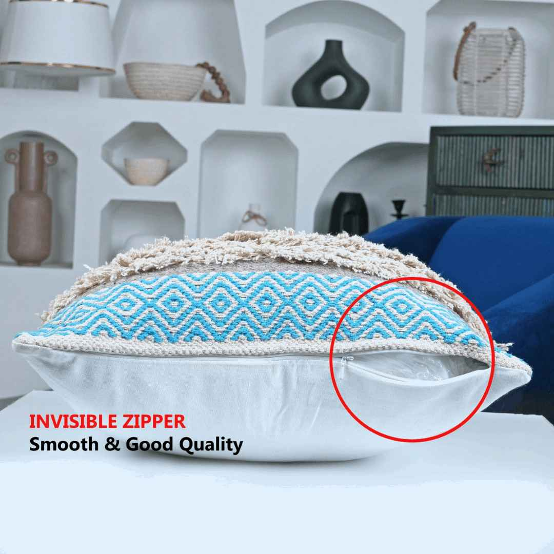 Side view of boho pillow cover with blue chevron pattern and beige shaggy texture, highlighting invisible zipper closure with smooth and high-quality stitching.







