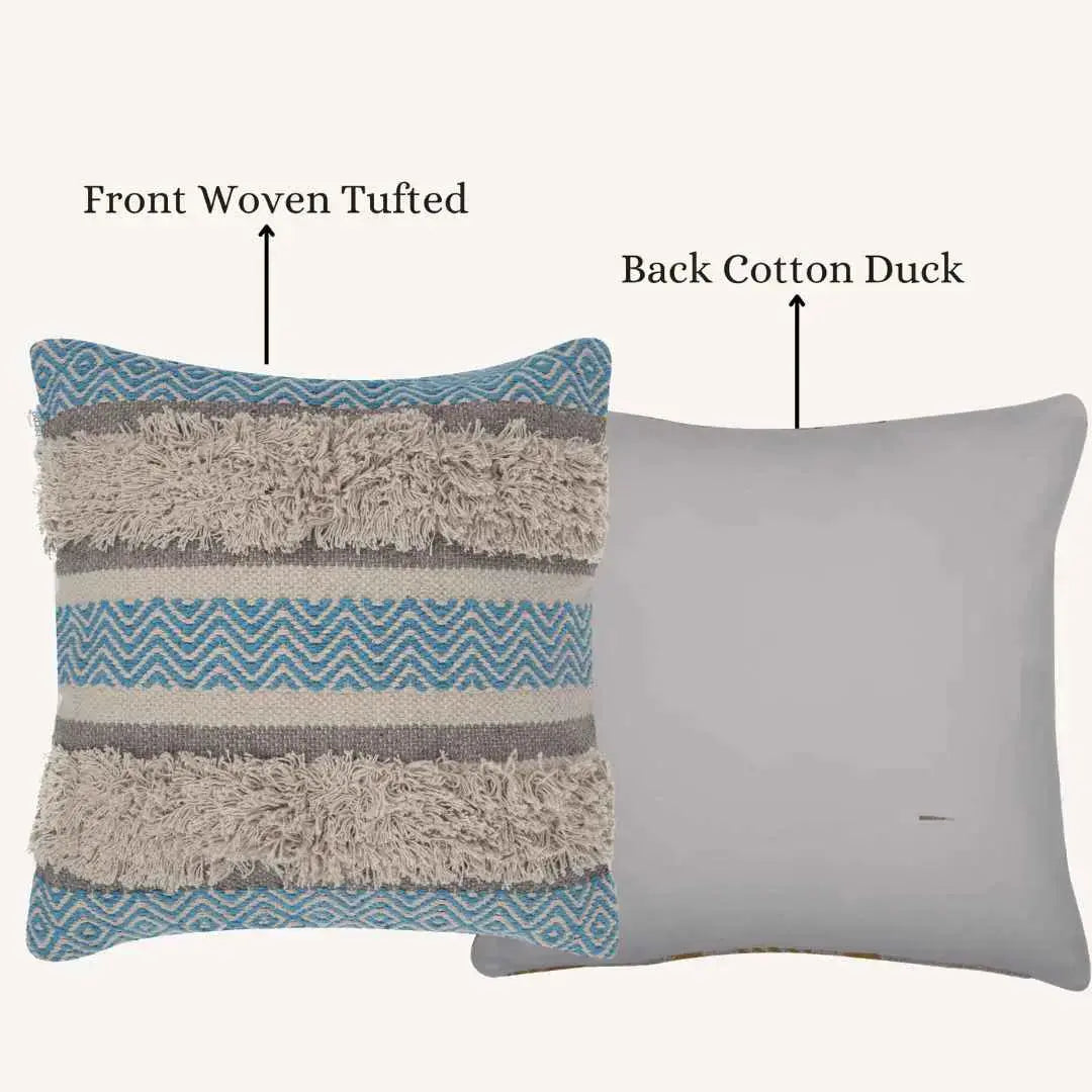 Decorative boho pillow covers with front woven tufted design in blue and beige and solid cotton duck fabric back, highlighting stylish texture and durable construction.








