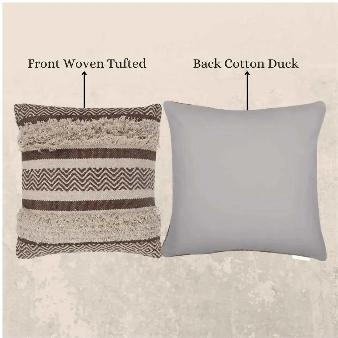 Front and back view of a decorative throw pillow — one side features a brown and cream woven tufted design with geometric patterns, and the other side is a plain cotton duck fabric in a solid neutral color.










