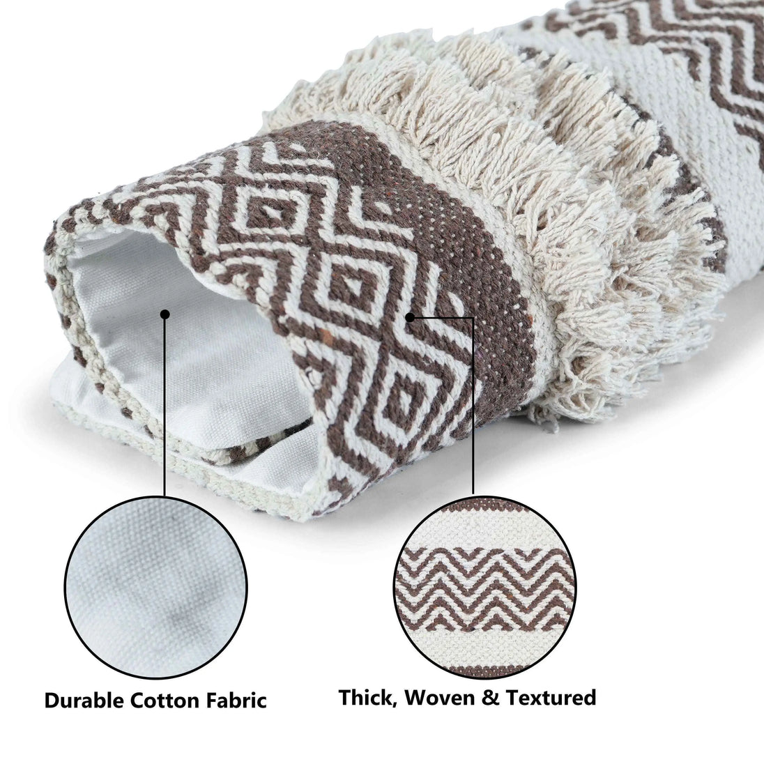 Close-up view of a rolled decorative pillow cover showcasing its dual fabric layers — soft, durable cotton interior and a thick, textured, woven outer layer with brown and cream geometric and tufted design.







