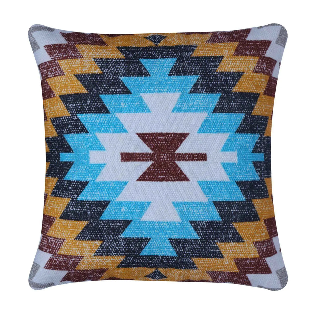 Square throw pillow featuring a vibrant Southwestern tribal design with geometric zigzag patterns in turquoise blue, mustard yellow, maroon, and black on a textured woven cotton fabric.