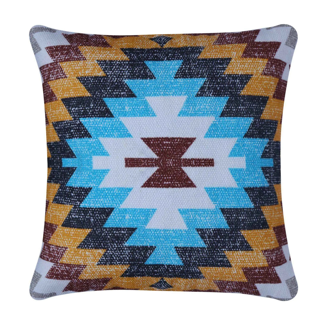 Square throw pillow featuring a vibrant Southwestern tribal design with geometric zigzag patterns in turquoise blue, mustard yellow, maroon, and black on a textured woven cotton fabric.