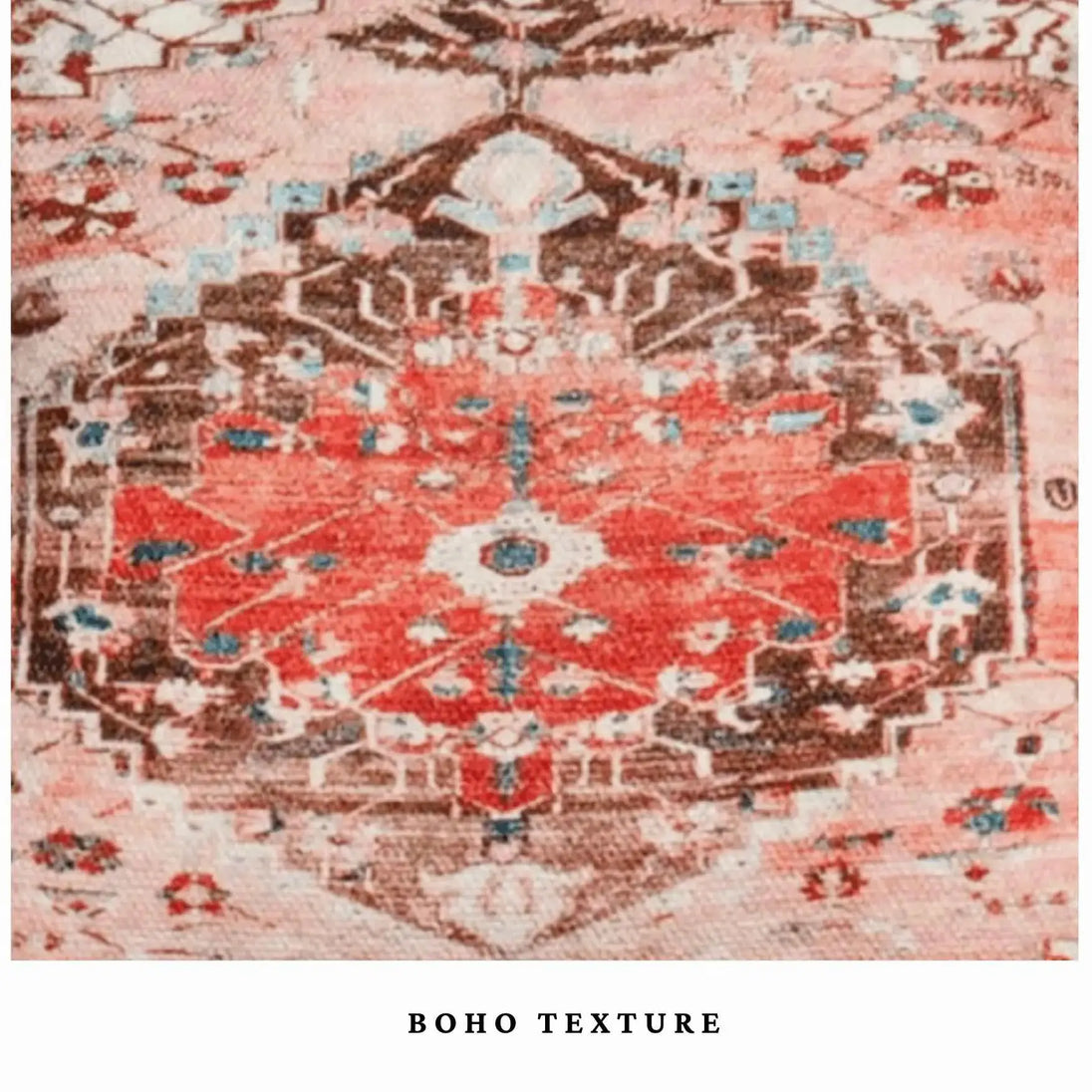 Close-up of red boho medallion pillow texture.
